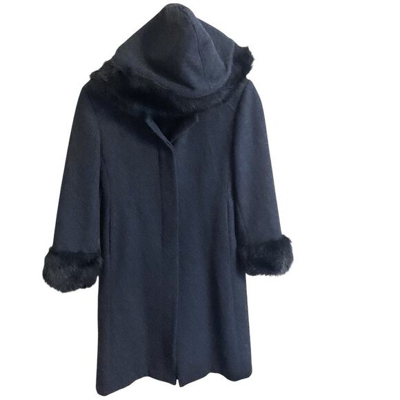 JP 100% Wool Coat Women's 10P (Demi )Charcoal Gray Faux Fur Trim Hooded Overcoat - Picture 6 of 13